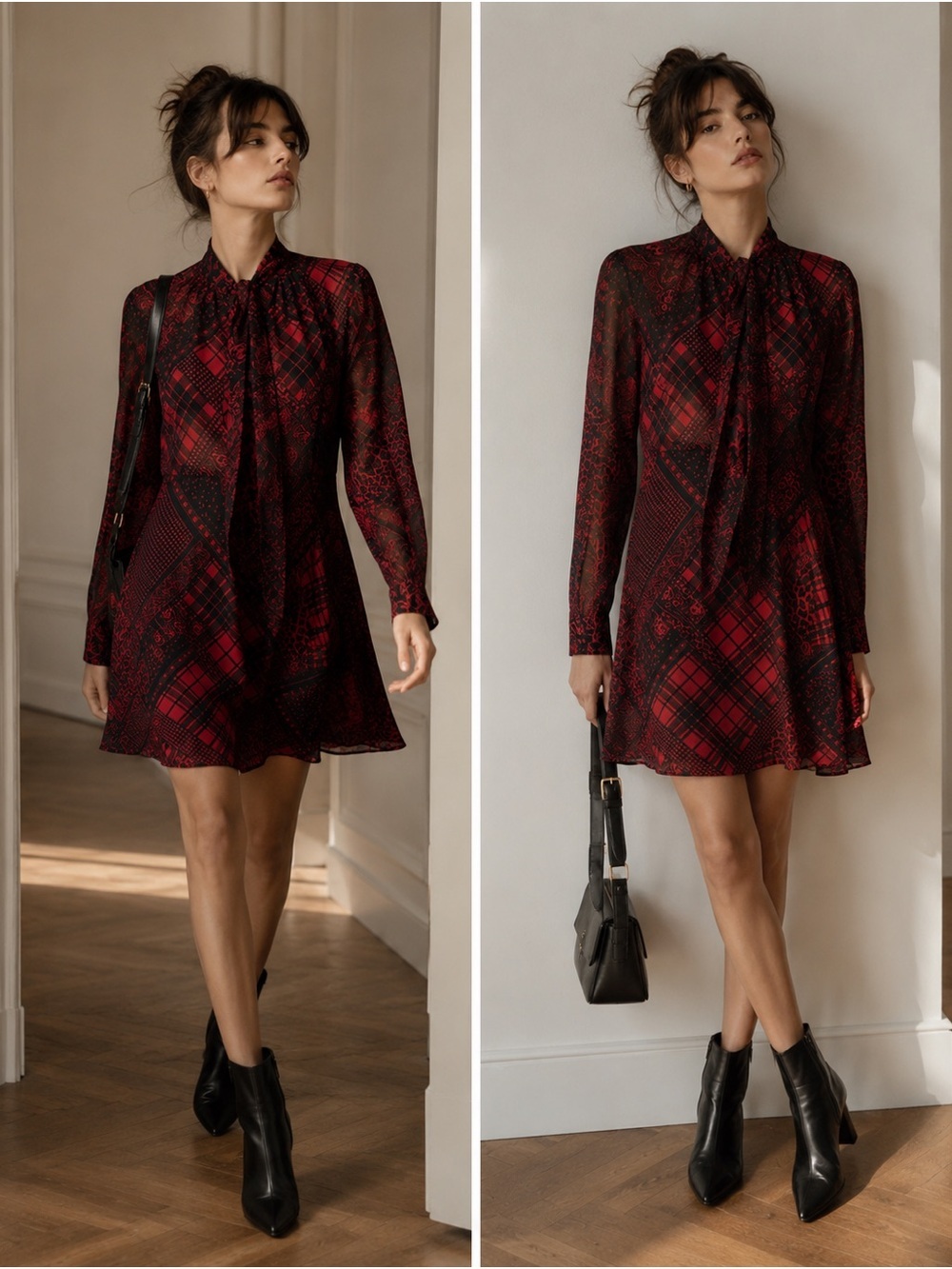 THE KOOPLES Mixed Print Tie-Neck Mini Dress NWT Red & Black Patchwork MSRP $355